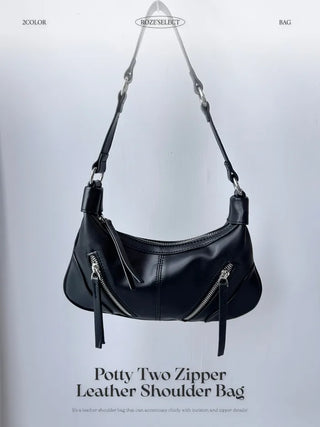 2-Zip Leather Shoulder Bag