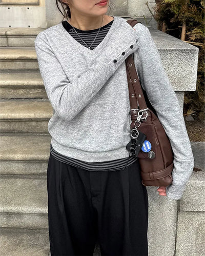 Sleeve Button V-Neck Long T-Shirt