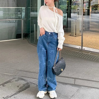 Ribbon Pattern Denim Pants