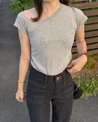 Lettering One-Shoulder Short-Sleeve T-Shirt