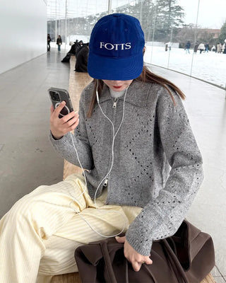 Perforated Collar Knit Zip-Up