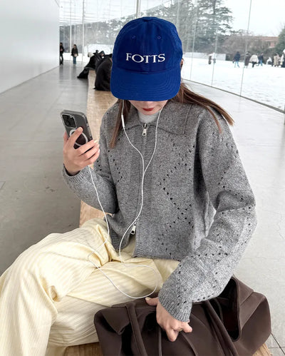 Perforated Collar Knit Zip-Up
