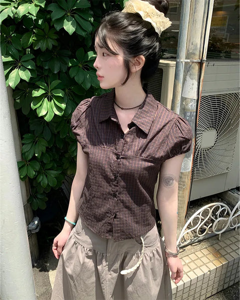 Checked Shirred Puff Sleeve Blouse