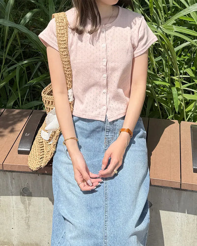 Flower punched short-sleeved cardigan