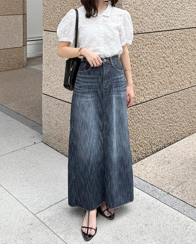 Washed denim long skirt