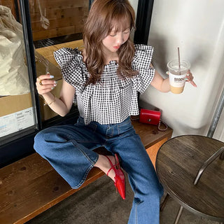 Gingham check frill blouse