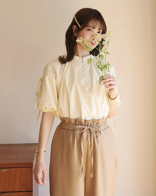 (ORIGINAL) Henley Neck Ribbon Balloon Blouse