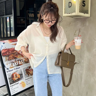 Drop-shoulder sheer shirt