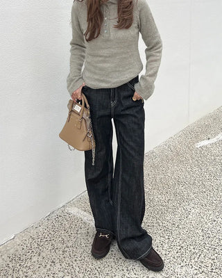 Stitched black straight denim pants