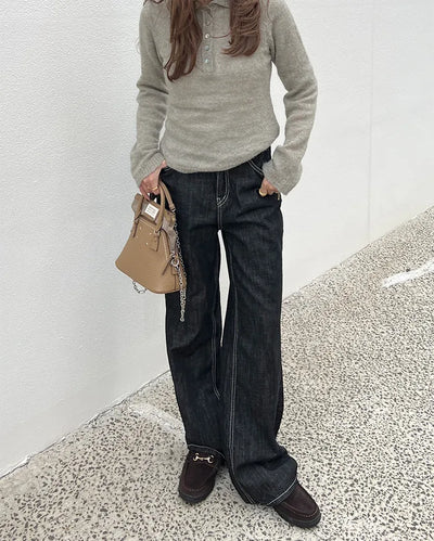 Stitched black straight denim pants