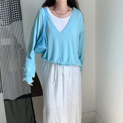 [4 colors] See-through V-neck sweatshirt