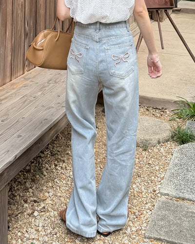 Pocket ribbon detail denim pants
