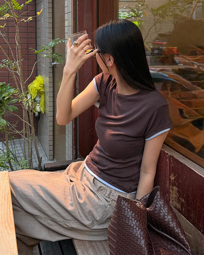 Two-tone layered Tencel short-sleeved T-shirt