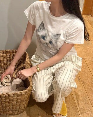 Cat print short-sleeved T-shirt
