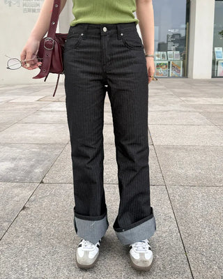 Low-rise striped flare denim pants
