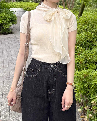 Satin ribbon short-sleeved blouse