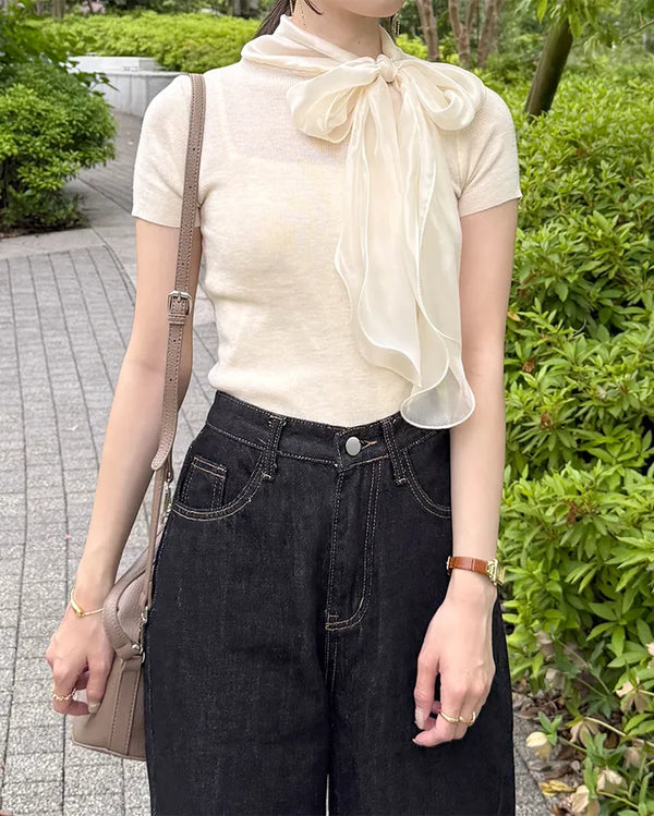 Satin ribbon short-sleeved blouse
