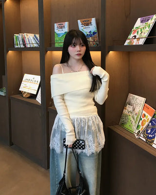 Off-shoulder knit frill camisole set
