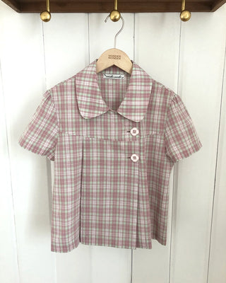 Round collar check pattern short-sleeved blouse