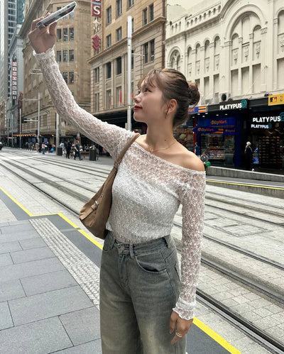 See-through lace long-sleeve T-shirt