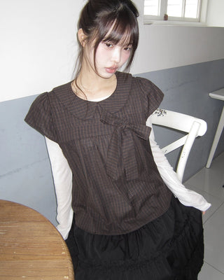 Ribbon check short-sleeved blouse