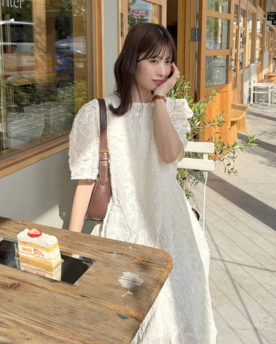 Flower Pattern Puff Long Dress