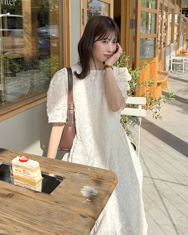 Flower Pattern Puff Long Dress