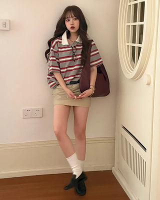 Striped Henley Neck Polo T-Shirt