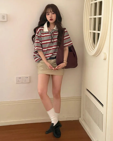 Striped Henley Neck Polo T-Shirt