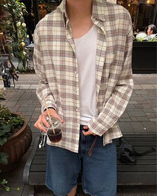 Oversized seersucker check long-sleeved shirt