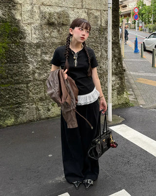 Lace Shirring Half-Sleeve T-Shirt
