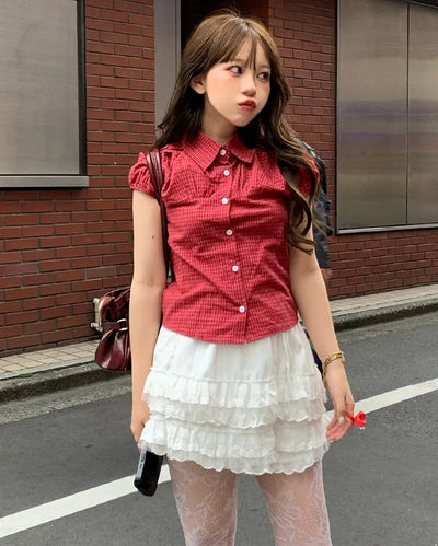 Gingham check puff sleeve shirt