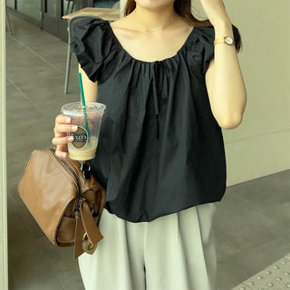 Shirred puff ribbon blouse