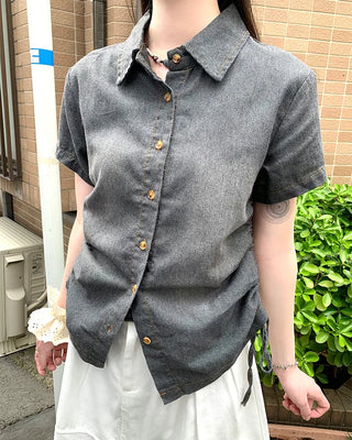 Denim Shirred Short-Sleeve Shirt