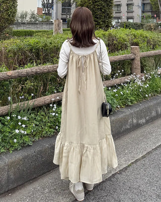 Back Ribbon Shirring Sleeveless Long Dress