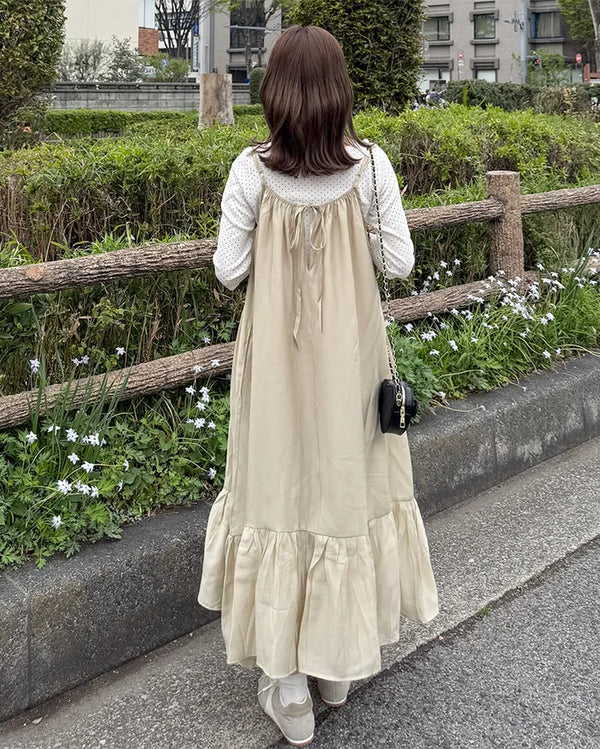 Back Ribbon Shirring Sleeveless Long Dress