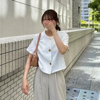 Round-button collarless half-sleeve jacket