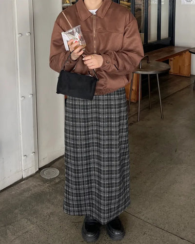 H-line check long skirt