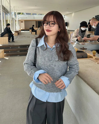 Shirt-layered loose-fit knit