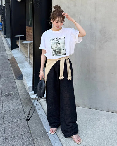 Perforated detail elastic waist easy pants