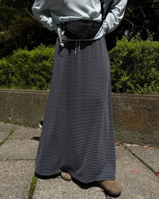 Striped elastic waist long skirt