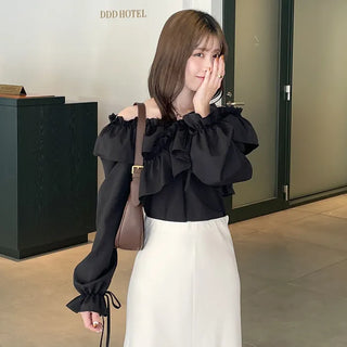 V-neck frill ribbon blouse