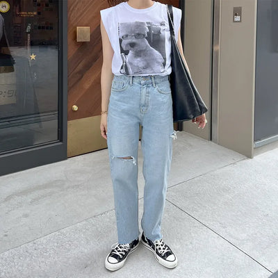 Distressed denim pants