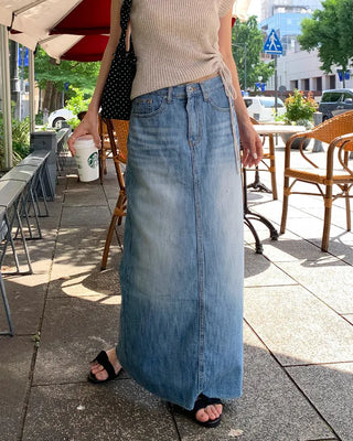 Washed long denim skirt