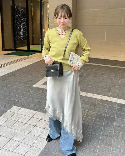 Satin lace long skirt