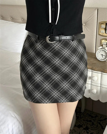 (Belt set) Checkered mini skirt