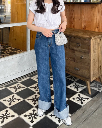 Rolled-up denim wide-leg pants