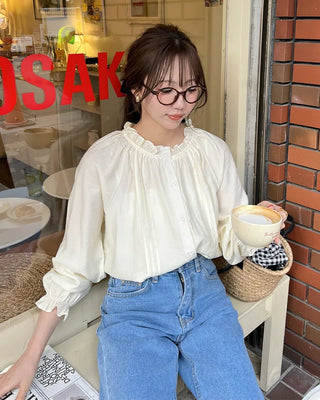 Frill neck ribbon strap blouse