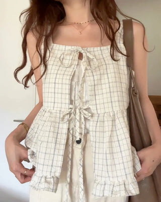Checked Ribbon Sleeveless Blouse
