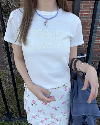 Flower print lettering short-sleeve T-shirt